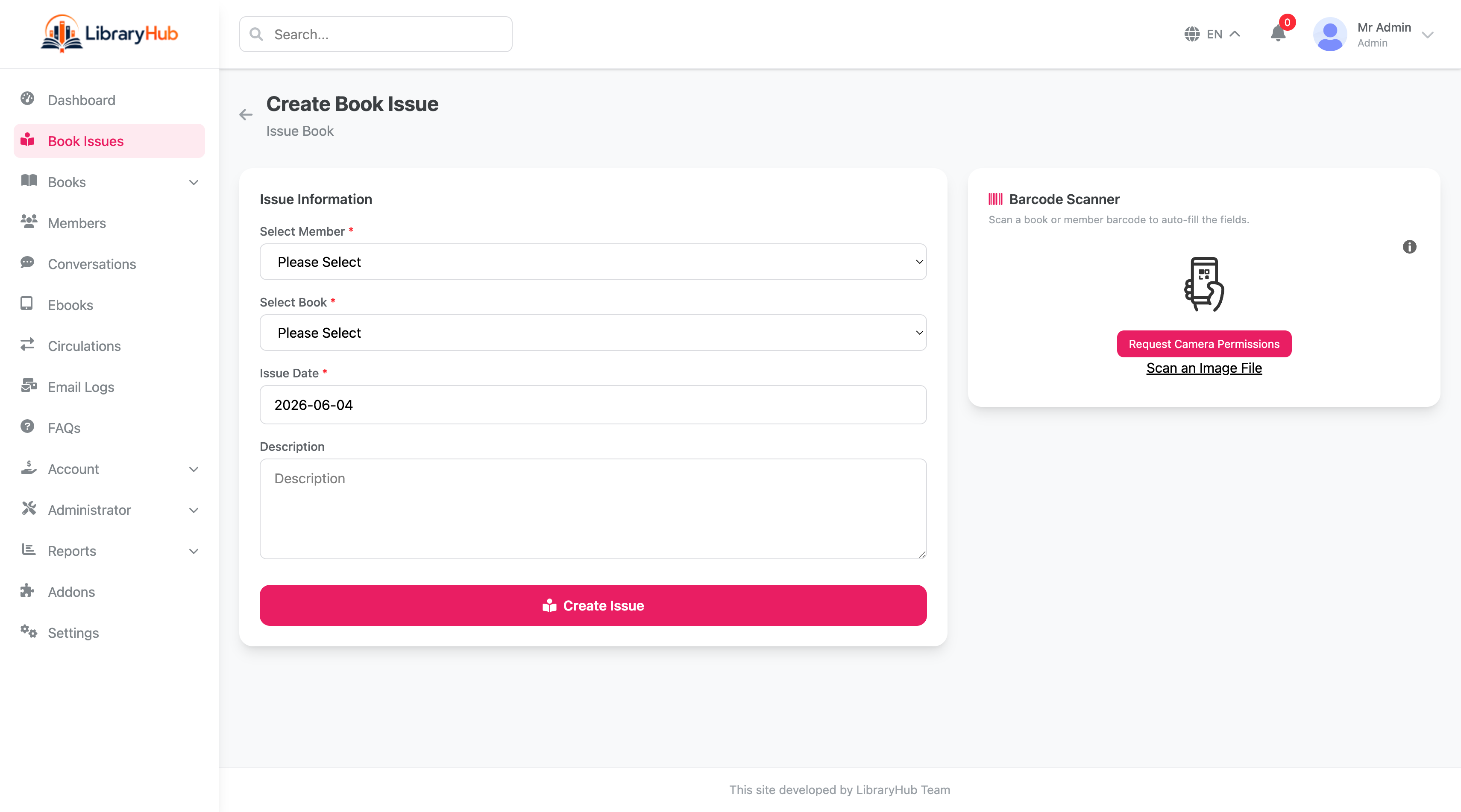 LibraryHub book reservation and hold management screen